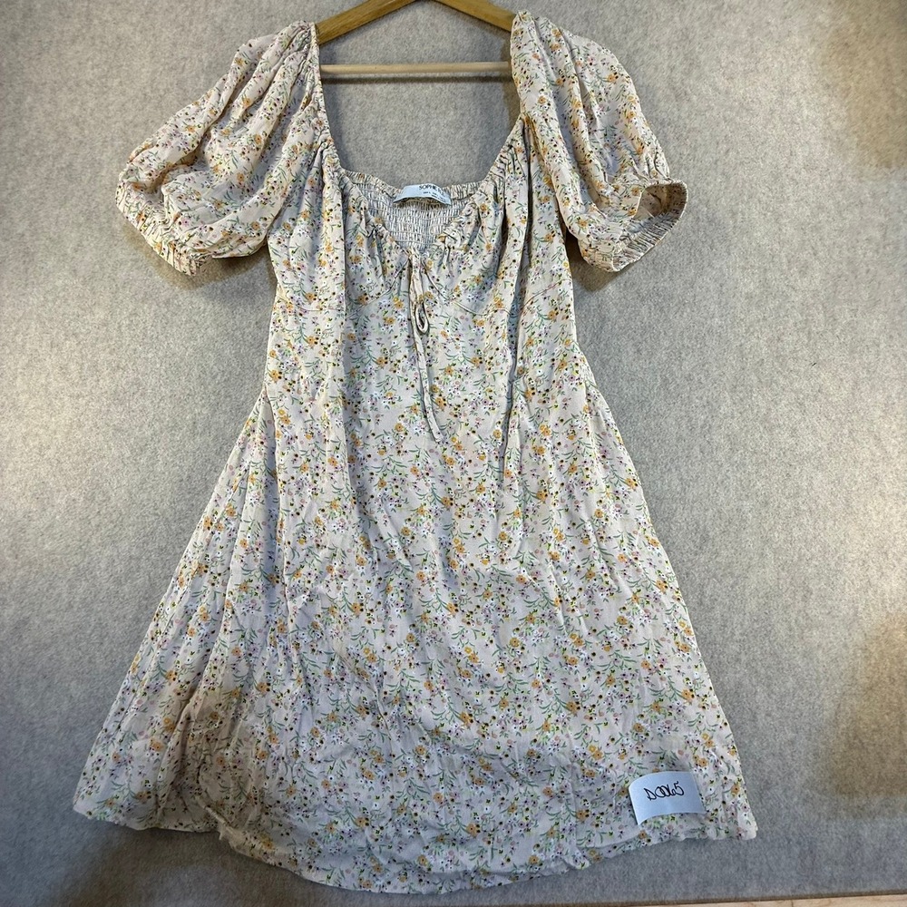 Sophie Rue Floral Smocked Puff Sleeve Mini Dress Pink Yellow‎ Large